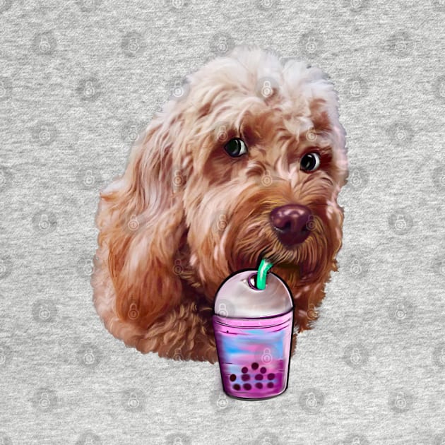 Cavapoo Cavoodle puppy dog sipping Bubble tea  - funny cute cavalier king charles spaniel poodle, puppy love by Artonmytee